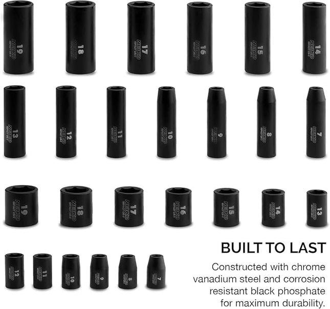 NEIKO 02433A 3/8” Drive Standard and Deep Metric Impact Socket Set | 26 Pieces | Metric 7mm to 19mm | Premium Cr-V Steel | 6-Point Hex Design | Corrosion Resistant Black Phosphate Coating