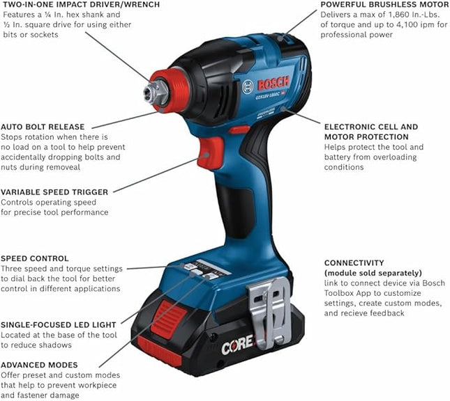 BOSCH GDX18V-1860CB15 18V Connected-Ready Two-In-One 1/4 In. and 1/2 In. Bit/Socket Impact Driver/Wrench Kit with (1) CORE18V 4 Ah Advanced Power Battery