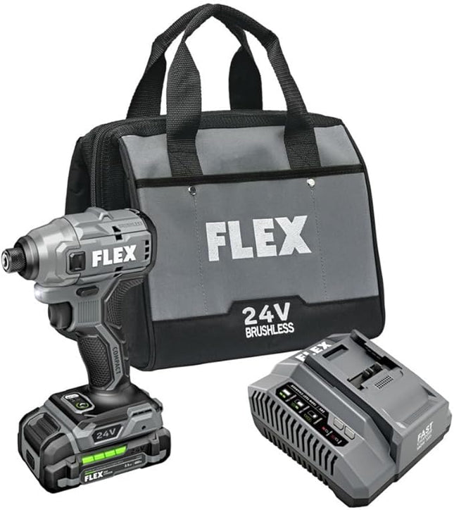 FLEX 24V Brushless Cordless 1/4-Inch Hex Compact Impact Driver Self-Tapping Screw Mode Kit with 2.5Ah Lithium Battery and 160W Fast Charger - FX1331-1A