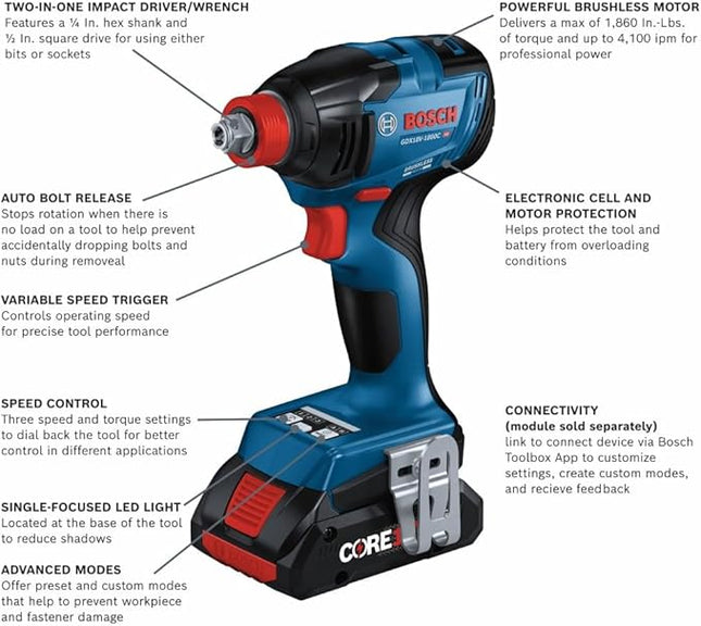 BOSCH GDX18V-1860CB23 18V Connected-Ready Two-In-One 1/4 In. and 1/2 In. Bit/Socket Impact Driver/Wrench Kit with (1) CORE18V® 4 Ah Advanced Power Battery and (1) 2 Ah Standard Power Battery