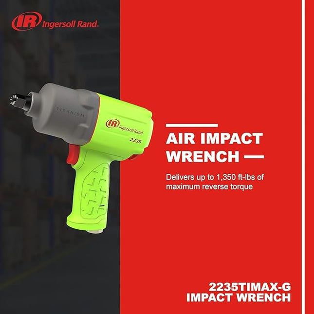 Ingersoll Rand 2235TiMAX-G 1/2" Drive Air Impact Wrench, Lightweight 4.6 lb Design, Powerful Torque Output up to 1,350 ft-lbs, Titanium Hammer Case, Max Control, Green