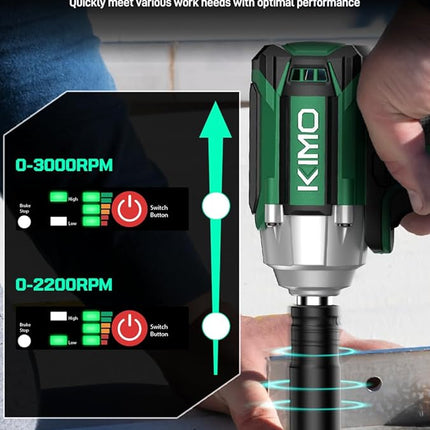 KIMO Impact Wrench 1/2, Max Torque 406ft-lbs (550N.m) & 3000RPM /Premium Brake Stop, 9-Piece Drill & Serewdriver Set, 4 Sockets, Cordless Impact Wrench with 2x4.0Ah Battery, Impact Driver for CarTires