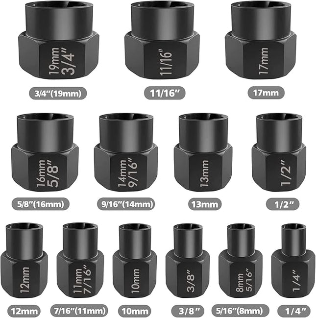 Eapele 13pcs Bolt Extractor Set, Stripped Nut Remover Twist Sockets, Fit 3/8" Square Drive with Solid Storage Case, Stripped Bolt Extractor (13pcs, Black)
