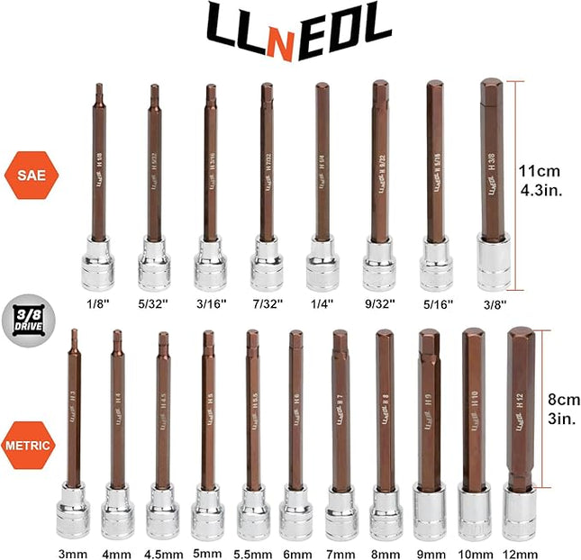 3/8 Inch Drive Long Allen Hex Bit Socket Set, 19-Piece Hex Head Standard SAE & Metric Sockets (1/8"-3/8", 3-12mm), S2 Alloy Steel Durable Tools for Mechanics