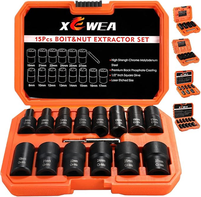 XEWEA 15PCS 1/2" Drive Lug Nut Removal Tools, Striped Wheel Lock Removal Kit Easy Out Twist Socket Extractor Set for Damaged, Frozen, Rusted, Rounded-Off Bolts Nuts & Screws