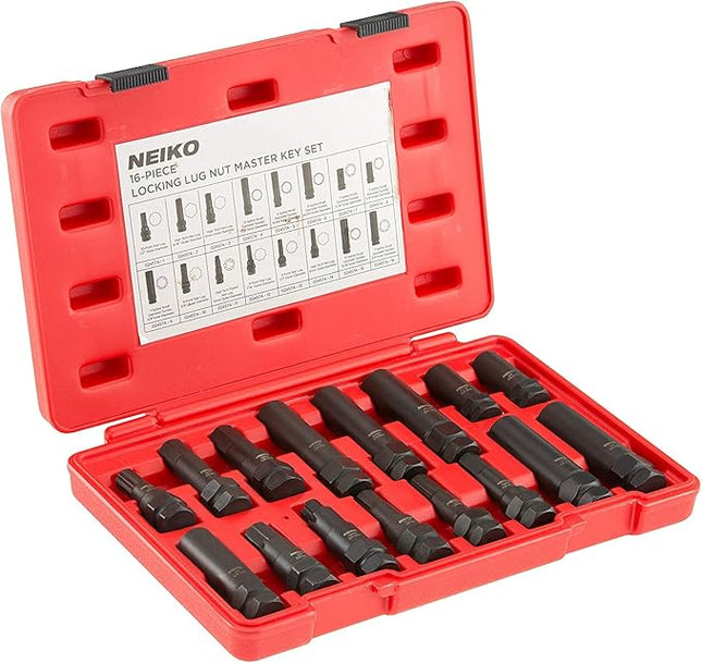Neiko 02457A Lug-Nut Key Set, Wheel-Lock Removal Tool Kit for Aftermarket and Factory Wheel Tire Keys, SAE and Metric Lug Sockets, 16 Pieces