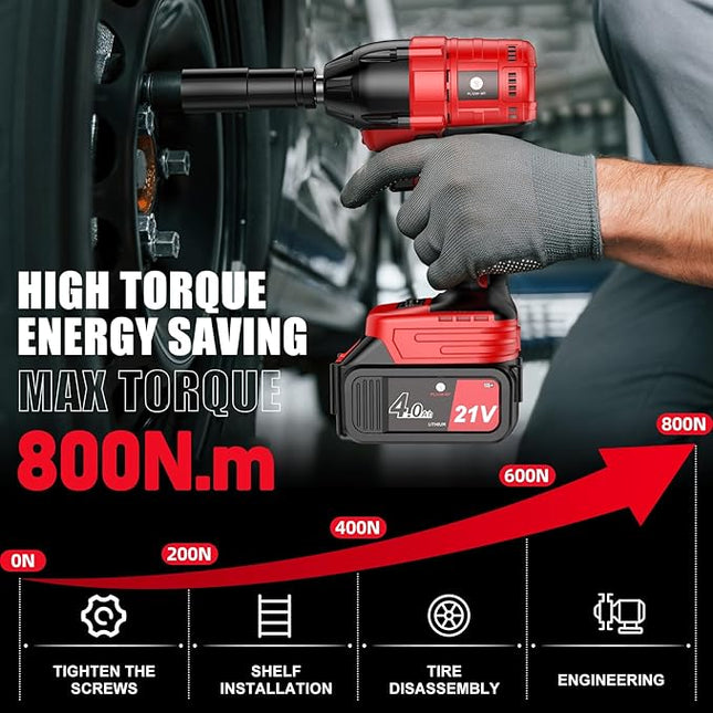 Cordless Impact Wrench 1/2 inch, 590Ft-lbs (800N.m) Brushless Impact Gun, 21V High Torque Power Impact Driver, 2x4.0Ah Batteries Electric Impact Motor Variable Speeds for Family Car and Scaffold