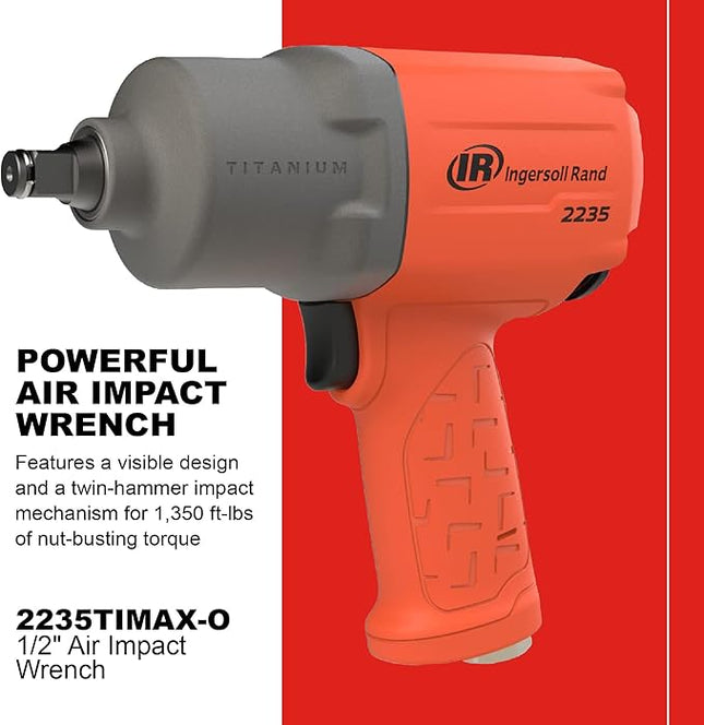Ingersoll Rand 2235TIMAX-O 1/2" Air Impact Wrench, 1350 ft-lb Torque, Titanium Hammercase, Friction Ring Retainer, Pistol, Orange