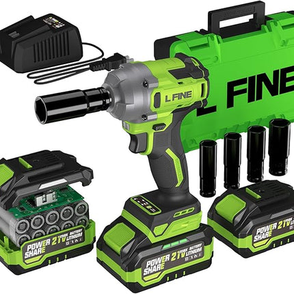 L FINE Cordless Impact Wrench 1/2 inch, 600N.m (405Ft-lbs) Power Impact Drill Kit Tools, 3200RPM High Torque Brushless Motor Impact Driver, 2 x 4.0Ah Battery, 5 Sockets, Charger, Electric Impact Gun