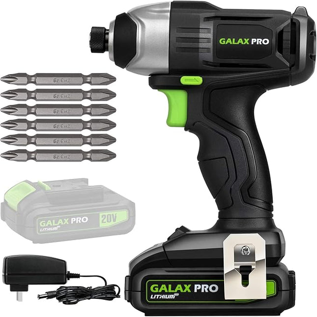 GALAX PRO Impact Driver 20 V Lithium Ion 1/4" Hex Cordless Driver with LED Work Light, 6 Pieces Screwdriver Bits, Variable Speed (0-2800 RPM)- 1.3 Ah Battery and Charger Included