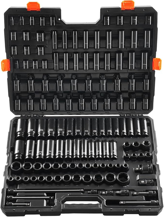 VEVOR Impact Socket Set 130 Piece 3/8" & 1/2" - SAE & Metric Drive Socket Set - 6 Point Cr-Mo Alloy Steel for Auto Repair - Easy-to-Read Size Markings - Includes Storage Case
