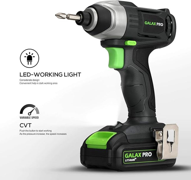 GALAX PRO Impact Driver 20 V Lithium Ion 1/4" Hex Cordless Driver with LED Work Light, 6 Pieces Screwdriver Bits, Variable Speed (0-2800 RPM)- 1.3 Ah Battery and Charger Included