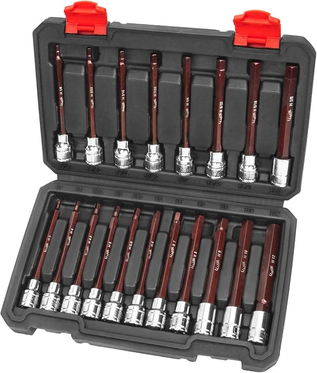 3/8 Inch Drive Long Allen Hex Bit Socket Set, 19-Piece Hex Head Standard SAE & Metric Sockets (1/8"-3/8", 3-12mm), S2 Alloy Steel Durable Tools for Mechanics