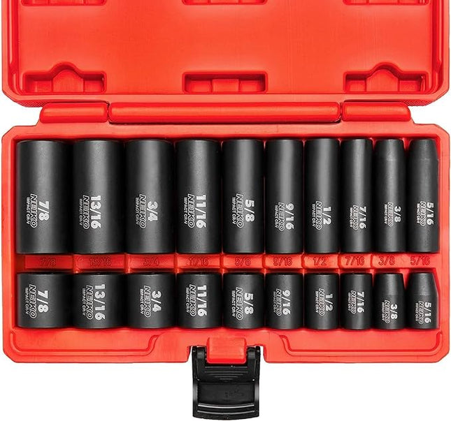 NEIKO 02434A 3/8-Inch-Drive Standard and Deep Impact Socket Set, 6-Point SAE Sizes from 5/16" to 7/8", CrV Steel, 20 Pieces