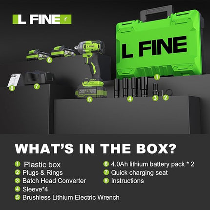 L FINE Cordless Impact Wrench 1/2 inch, 600N.m (405Ft-lbs) Power Impact Drill Kit Tools, 3200RPM High Torque Brushless Motor Impact Driver, 2 x 4.0Ah Battery, 5 Sockets, Charger, Electric Impact Gun