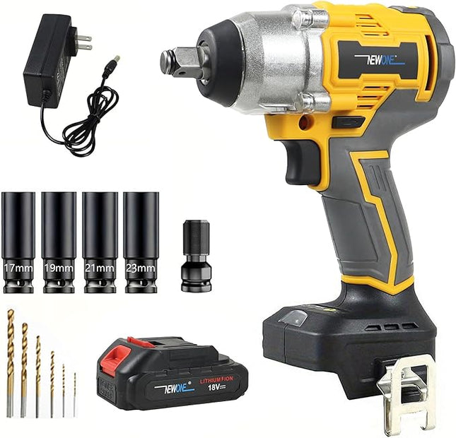 NEWONE Crodless Impact Wrench with 2.0AH Battery, 370 Ft-lbs (500N.m) Impact Gun 1/2 inch,20V Powered Brushless Motor Wrench with 6pcs Drill/Driver Bits,4 Sockets,Charger