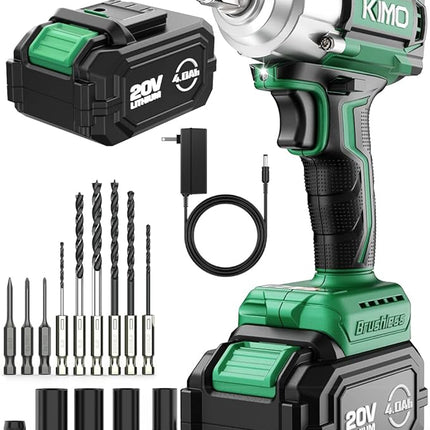 KIMO Impact Wrench 1/2, Max Torque 406ft-lbs (550N.m) & 3000RPM /Premium Brake Stop, 9-Piece Drill & Serewdriver Set, 4 Sockets, Cordless Impact Wrench with 4000mAh Battery, Impact Driver for CarTires