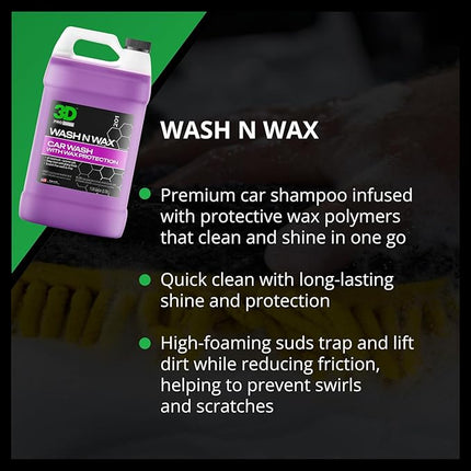 3D Wash N Wax Car Wash Soap - pH Balanced, Easy Rinse, Scratch Free Soap with Wax Protection - 1 Gallon