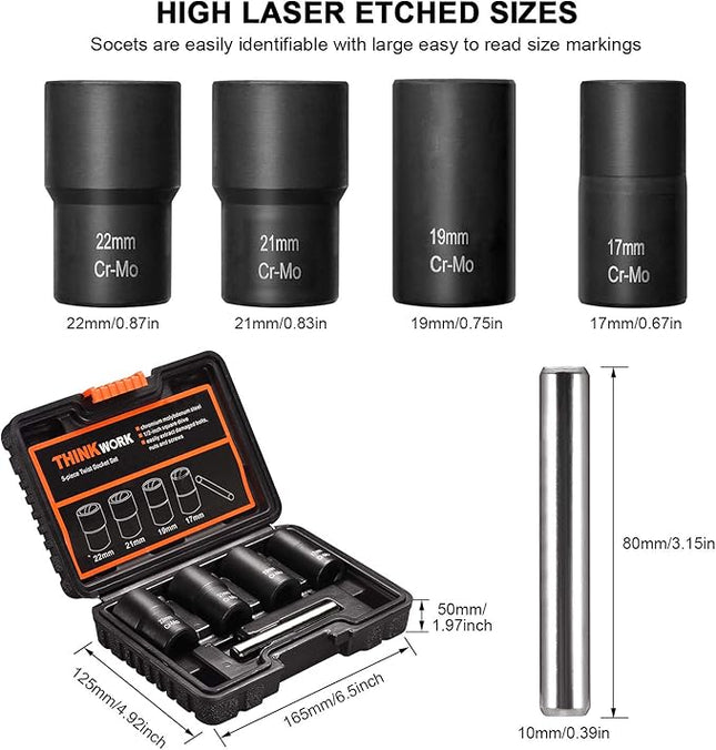 THINKWORK 1/2 Inch Drive Lug Nut Removal Tool, 5-Piece Wheel Lock Removal Kit, Lug Nut Remover for Stripped, Rounded, Damaged, Frozen, Rusted Bolts