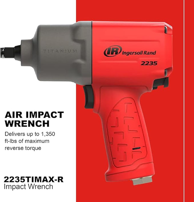 Ingersoll Rand 2235TiMAX-R 1/2" Drive Air Impact Wrench, Lightweight 4.6 lb Design, Powerful Torque Output up to 1,350 ft-lbs, Titanium Hammer Case, Max Control, Red