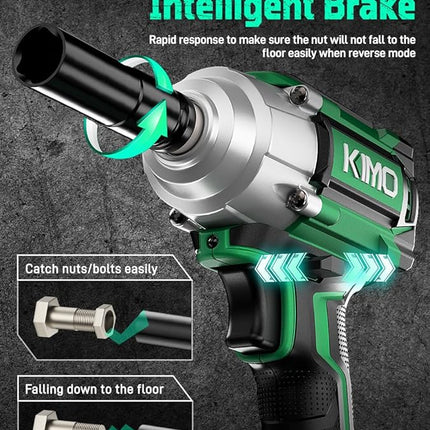 KIMO Impact Wrench 1/2, Max Torque 406ft-lbs (550N.m) & 3000RPM /Premium Brake Stop, 9-Piece Drill & Serewdriver Set, 4 Sockets, Cordless Impact Wrench with 2x4.0Ah Battery, Impact Driver for CarTires