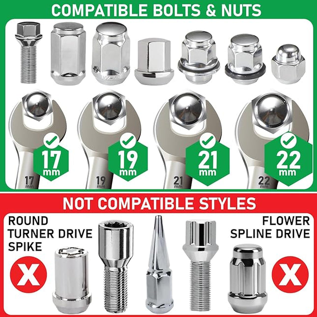 Spurtar 5 Pcs Lug Nut Removal Tool, 1/2 inch Drive Lug Nut Extractor Set Bolt Extractor Kit for Removing Damaged, Rounded, Rusted Bolts Nuts - 17mm,19mm,21mm,22mm