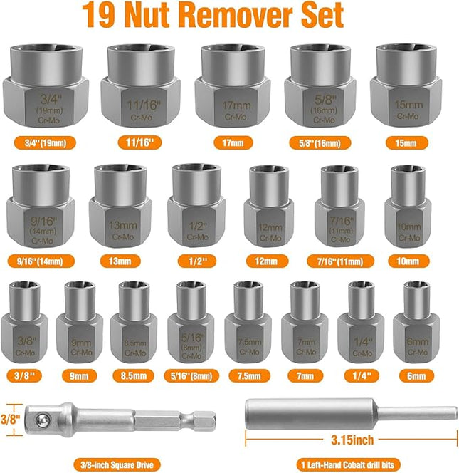 Eapele Bolt Extractor Set, Stripped Nut Remover Twist Sockets, Fit 3/8" Square Drive with Solid Storage Case (21pcs, Silver)