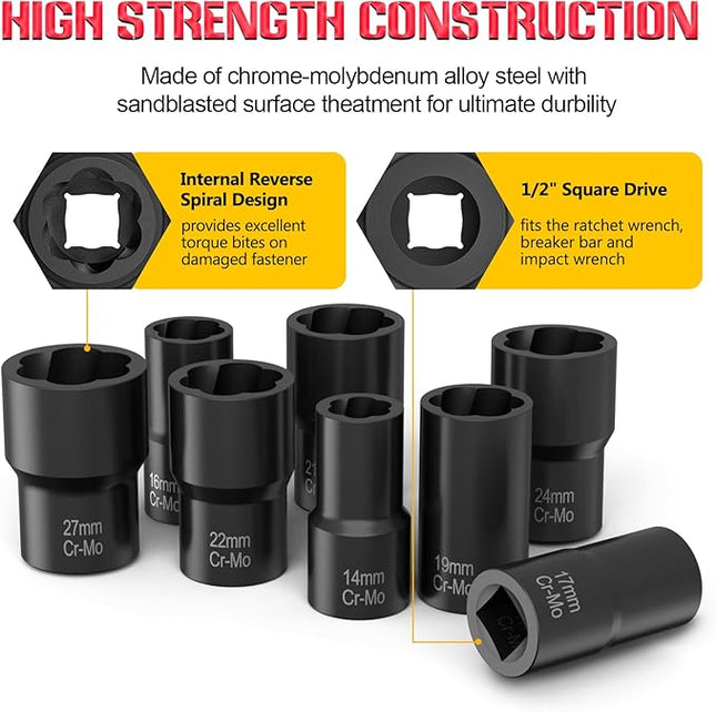 Eapele Bolt Extractor Set, 10 Piece Lug Nut Remover Socket Tool, 1/2" Drive Impact Wheel Lock Removal Kit for Removing Damaged, Frozen, Rusted, Rounded-Off Bolts, Lug Nuts & Screws