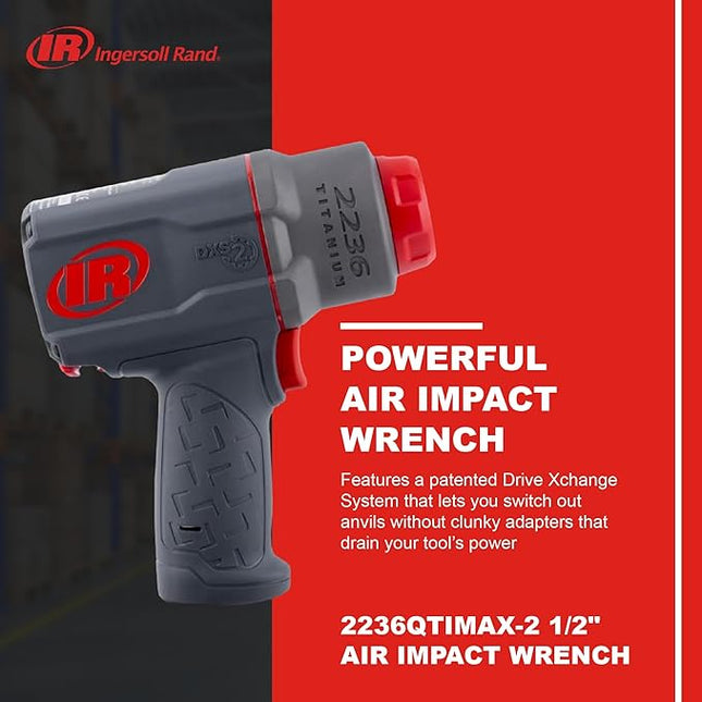 Ingersoll Rand 2236QTIMAX-2 DXS2 1/2" Air Impact Wrench, 2" Extended Anvil, Quiet, 1500 ft-lb Torque, Titanium Hammercase, Friction Ring Retainer, Pistol, Interchangeable Anvil, Multi-functional Tool