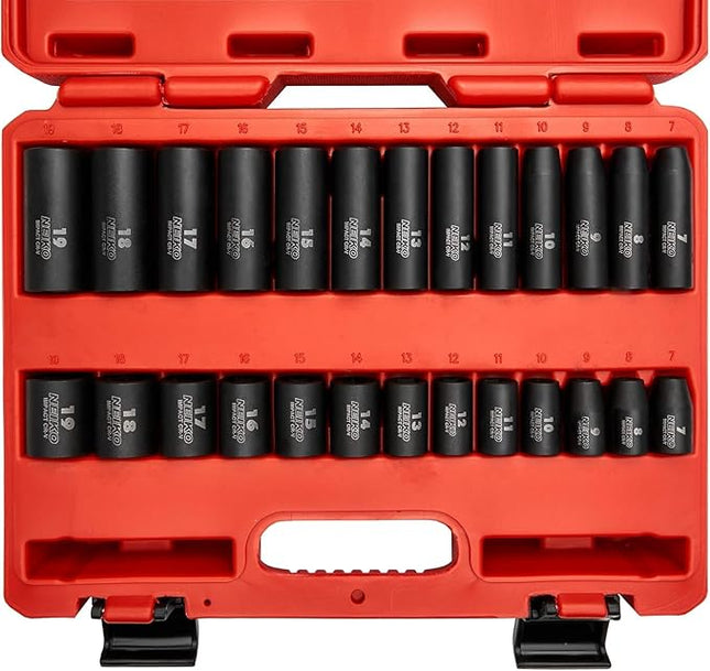 NEIKO 02433A 3/8” Drive Standard and Deep Metric Impact Socket Set | 26 Pieces | Metric 7mm to 19mm | Premium Cr-V Steel | 6-Point Hex Design | Corrosion Resistant Black Phosphate Coating