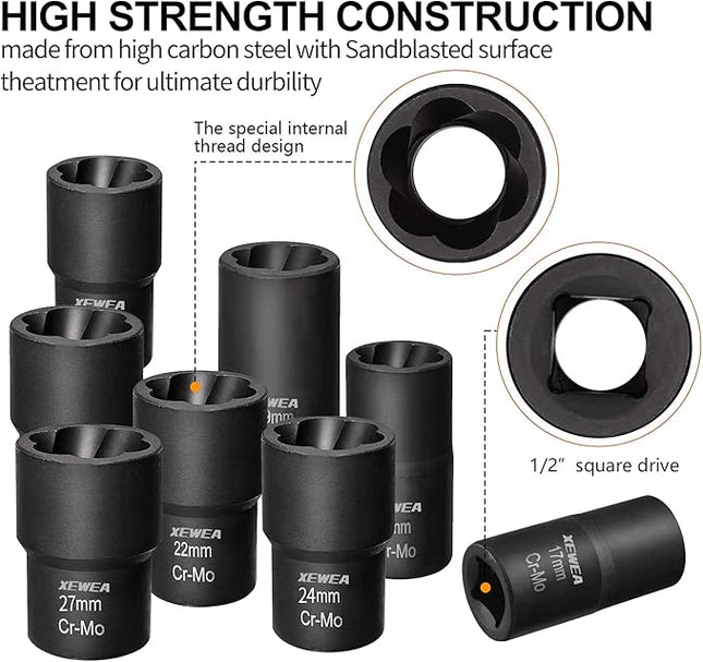 XEWEA 9PCS Lug Nut Extractor Set, 1/2" Drive Impact Bolt Remover Socket Tool, Wheel Lock Removal Kit, Easy Out Extractor Set for Damaged, Frozen, Rusted, Rounded-Off Bolts, Father's Day Gift