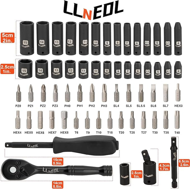 1/4 inch Impact Socket Set, 63 Piece Drive Socket Wrench Set Metric (4-15mm) Deep and Shallow 6 Point, Automotive Tool Kit with 72T Ratchet for Bicycle & Car Repairing