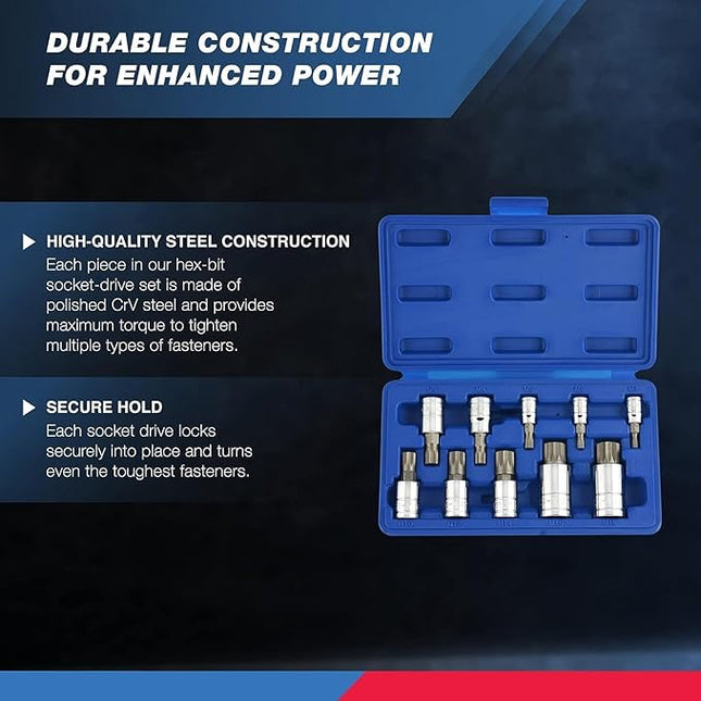NEIKO 10056A 1/4-Inch, 3/8-Inch & 1/2-Inch Drive XZN Triple Square Spline Bit Socket Set | 10 Piece Set | Cr-V Sockets and S2 Steel Bits