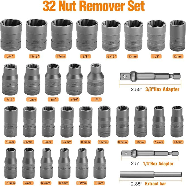 Eapele Bolt Extractor Set, Stripped Nut Remover Twist Sockets, Fit 3/8" Square Drive with Solid Storage Case (32pcs, Black)
