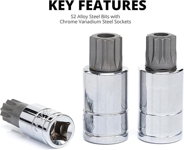 NEIKO 10057A XZN Triple Square Bit Set, 20-Piece, Extra Long 4" Spline Socket, 4mm to 18mm, 12 Point Tamperproof, Square Drive, S2 & Cr-V Steel