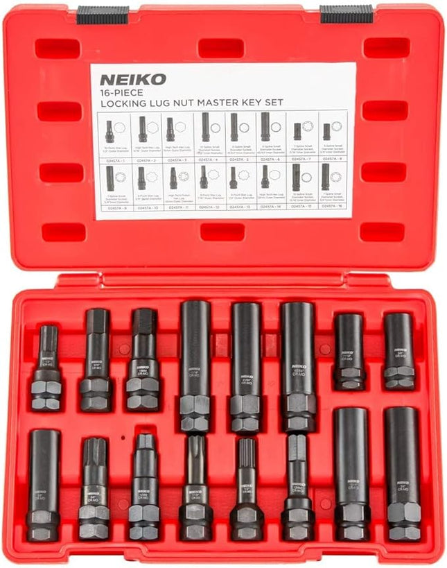Neiko 02457A Lug-Nut Key Set, Wheel-Lock Removal Tool Kit for Aftermarket and Factory Wheel Tire Keys, SAE and Metric Lug Sockets, 16 Pieces