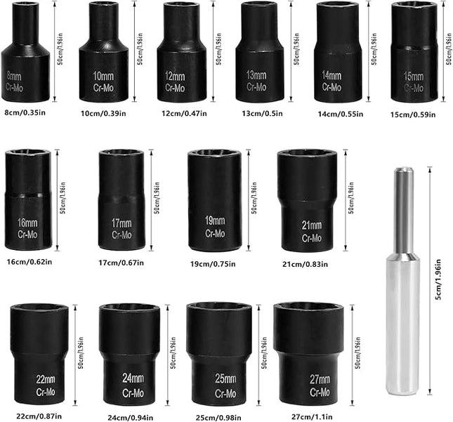 XEWEA 15PCS 1/2" Drive Lug Nut Removal Tools, Striped Wheel Lock Removal Kit Easy Out Twist Socket Extractor Set for Damaged, Frozen, Rusted, Rounded-Off Bolts Nuts & Screws