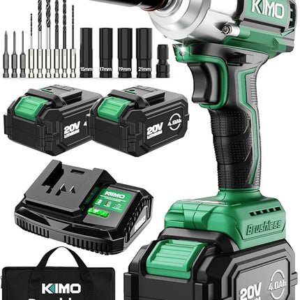 KIMO Impact Wrench 1/2, Max Torque 406ft-lbs (550N.m) & 3000RPM /Premium Brake Stop, 9-Piece Drill & Serewdriver Set, 4 Sockets, Cordless Impact Wrench with 2x4.0Ah Battery, Impact Driver for CarTires
