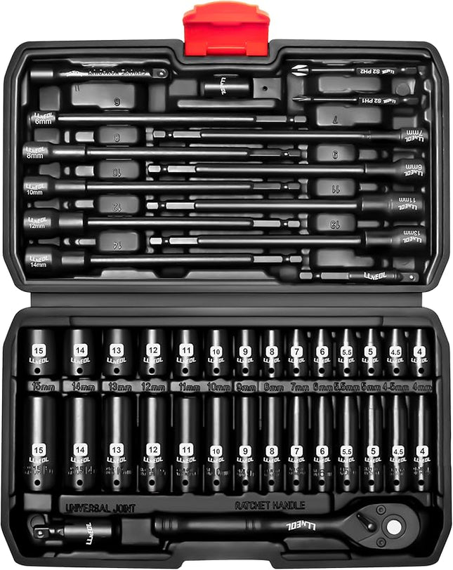 1/4 inch Drive Socket Set & Nut Driver Set 44PCS, Metric Sockets Deep&Shallow (4-15mm) with Ratchet, 6" Magnetic Nut Drivers with 1/4" Hex Shank(6-14mm), Drill Bits (PH1/PH2)