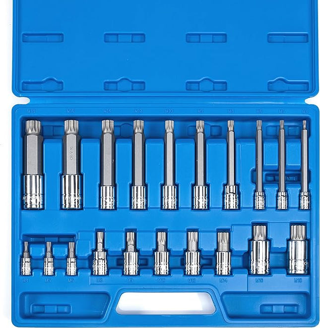 NEIKO 10057A XZN Triple Square Bit Set, 20-Piece, Extra Long 4" Spline Socket, 4mm to 18mm, 12 Point Tamperproof, Square Drive, S2 & Cr-V Steel