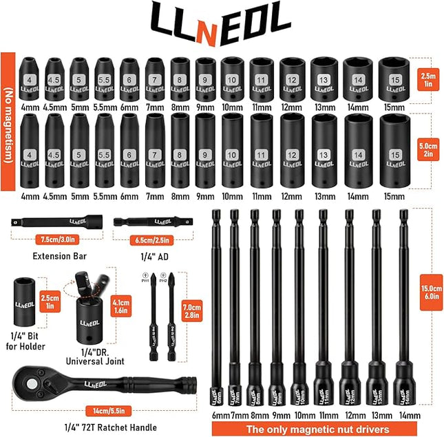 1/4 inch Drive Socket Set & Nut Driver Set 44PCS, Metric Sockets Deep&Shallow (4-15mm) with Ratchet, 6" Magnetic Nut Drivers with 1/4" Hex Shank(6-14mm), Drill Bits (PH1/PH2)
