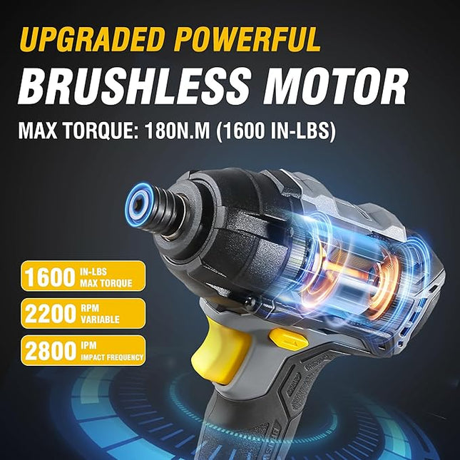 RIDA Cordless Brushless Impact Driver 180N.m, 20V Electric Impact Drill/Driver Set 1/4" All-Metal Hex Chuck,Variable Speed 2.0Ah Battery & Fast Charger, 25 Pcs S2 Bits & Tool Bag for Home DIY Use