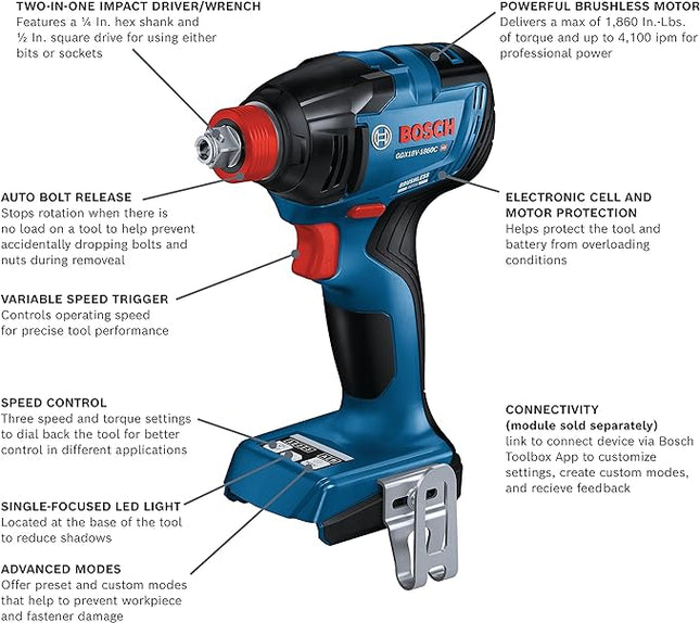 Bosch GDX18V-1860CN 18V Connected-Ready Two-In-One 1/4 In. and 1/2 In. Bit/Socket Impact Driver/Wrench (Bare Tool)