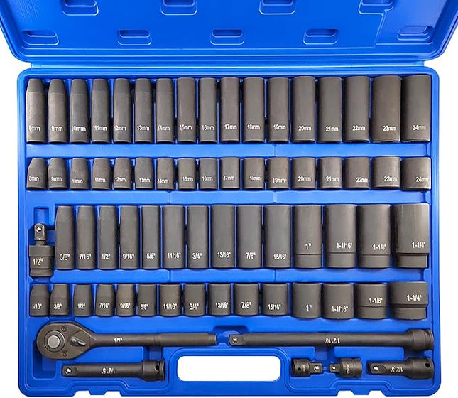 70pcs 1/2" Drive Impact Socket Set, Cr-V Steel, SAE & Metric, Standard/Deep Sockets with 72 Teeth Ratchet Handle, Extension Bar, and Adapters