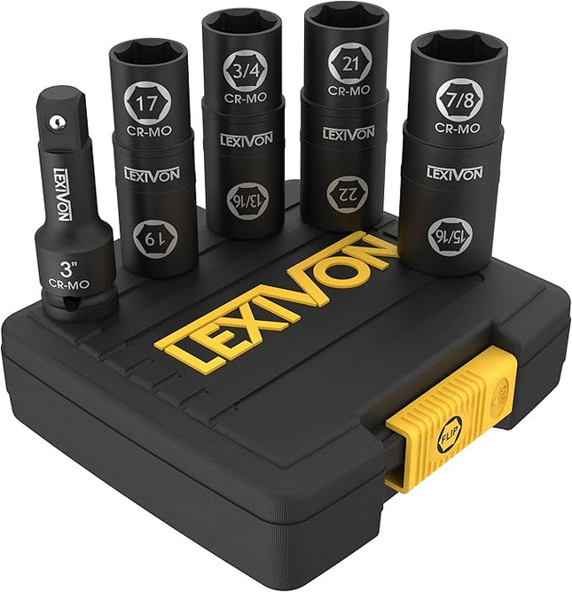 LEXIVON Lug Nut Impact Socket Set, 1/2-Inch Drive | Innovative 8-IN-4 Flip Socket Design, Covers Most Commonly Used Inch & Metric Wheel Nuts | Cr-Mo Steel = Full Impact Grade (LX-110)