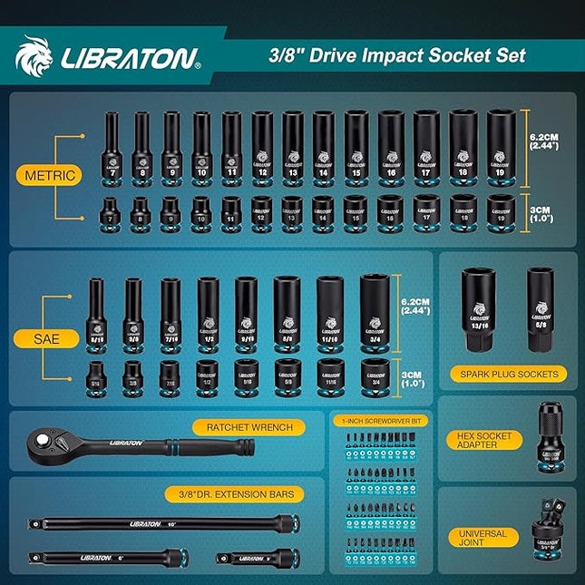 LIBRATON 3/8 Socket Set 90PCS, SAE(5/16-3/4") & Metric(7-19MM) Impact Socket Set, Cr-V Impact Driver Socket, Deep&Shallow, Extension Bars, Ratchet Handle, Screwdriver Bits, Spark Plug Sockets, Adapter