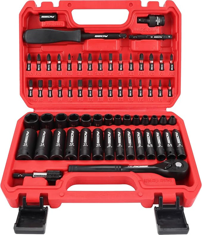 64-Piece 1/4" Drive Impact Socket Wrench Driver-Bits Set, Cr-V Metric&SAE Deep and Shallow Socket Set, S2 Power Bits with Quick-Release Ratchet Handle, Universal Joint, Bit Holder, Power Drill Adapter