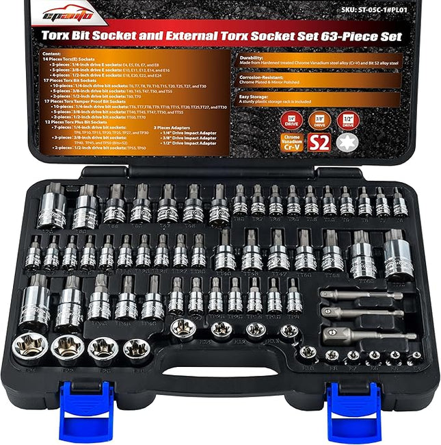 EPAuto Torx Bit Socket and External Torx Socket Set 63-Piece Set