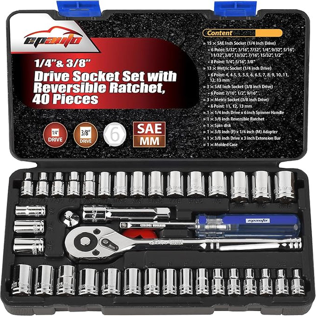 EPAuto 40 Pieces 1/4-Inch & 3/8-Inch Drive Socket Set with 72 Tooth Reversible Ratchet