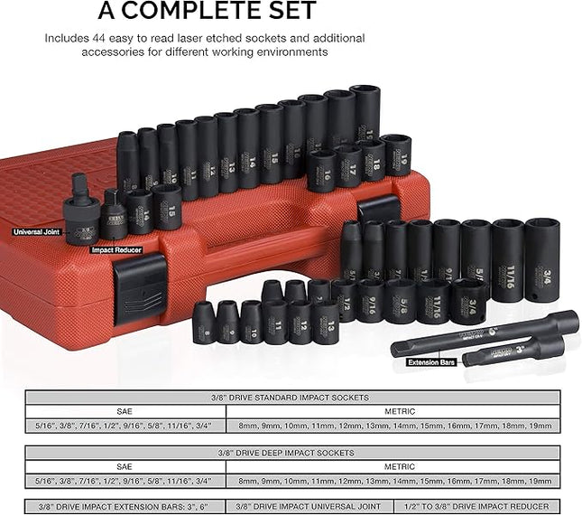 NEIKO 02440A 3/8-Inch-Drive Impact Socket Set, SAE Sizes 5/16" to 3/4" and Metric Sizes 8 mm to 19 mm, Includes Extension Bars and U-Joint, 44 Pieces